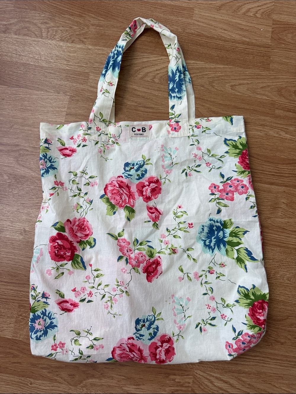 C&B Floral Cotton Tote Bag in White with Pink & Blue Flowers